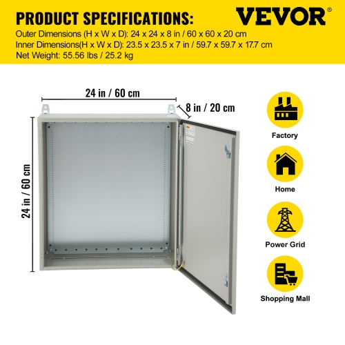 VEVOR 24'' x 24'' x 8'' Electrical Enclosure,NEMA 4 Outdoor Enclosure, IP65 Waterproof & Dustproof Cold-Rolled Carbon Steel Hinged Junction Box for