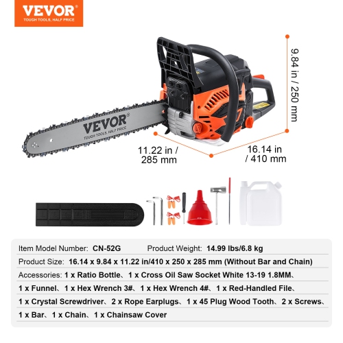 VEVOR 2.55HP Gas Chainsaw, 52CC 18" , Gasoline Powered Chain Saw,Handheld Cordless Petrol Chainsaws for Tree Wood Branch Cutting, Tree Trimming,Farm