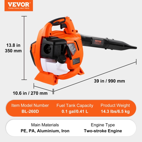 VEVOR 26CC 2-Cycle Leaf Blower, Handheld Leaf Blower with A Fuel Tank, 2-in-1 Blower 425CFM Air Volume 156MPH Speed, Ideal for Lawn Care, Leaf
