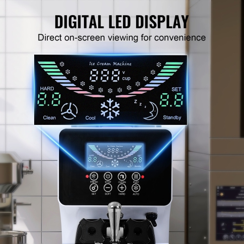 VEVOR 10.6 QT/H Yield, 1000W Commercial Ice Cream Machine, Single Flavor Countertop Soft Serve Ice Cream Maker, with 4L Hopper 1.6L Cylinder, LCD