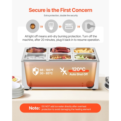 VEVOR 24QT Commercial Food Warmer, 6-Pan Electric Steam Table, 1200W Countertop Stainless Steel Buffet Bain Marie with 86-185°F Temp Control for