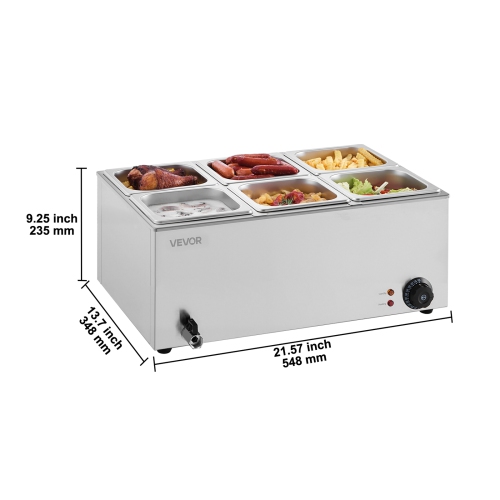 VEVOR 24QT Commercial Food Warmer, 6-Pan Electric Steam Table, 1200W Countertop Stainless Steel Buffet Bain Marie with 86-185°F Temp Control for