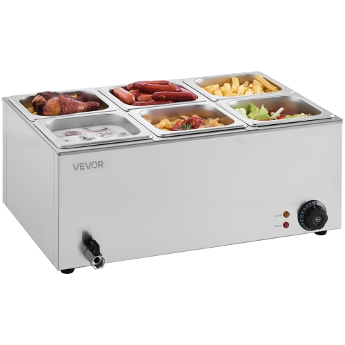 VEVOR 24QT Commercial Food Warmer, 6-Pan Electric Steam Table, 1200W Countertop Stainless Steel Buffet Bain Marie with 86-185°F Temp Control for