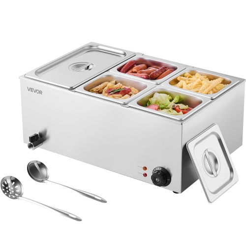 VEVOR 24QT Commercial Food Warmer, 5-Pan Electric Steam Table, 1200W Countertop Stainless Steel Buffet Bain Marie with 86-185°F Temp Control for