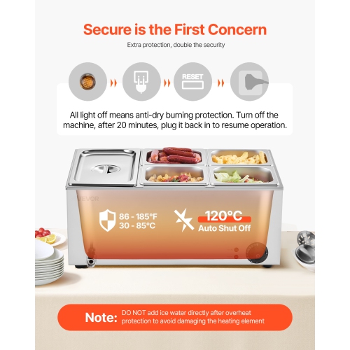 VEVOR 24QT Commercial Food Warmer, 5-Pan Electric Steam Table, 1200W Countertop Stainless Steel Buffet Bain Marie with 86-185°F Temp Control for