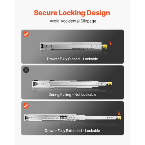 VEVOR 1 Pair Full Extension Drawer Slides 16 18 20 24 30 35 37.4 59 24 32 36 40 48 60 in, 250 lbs Load Locking Drawer Slides, Ball Bearing with Lock
