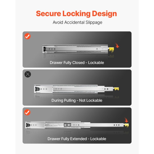 VEVOR 1 Pair Full Extension Drawer Slides 16 18 20 24 30 35 37.4 59 24 32 36 40 48 60 in, 250 lbs Load Locking Drawer Slides, Ball Bearing with Lock