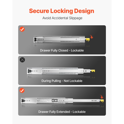 VEVOR 1 Pair Full Extension Drawer Slides 16 18 20 24 30 35 37.4 59 24 32 36 40 48 60 in, 250 lbs Load Locking Drawer Slides, Ball Bearing with Lock
