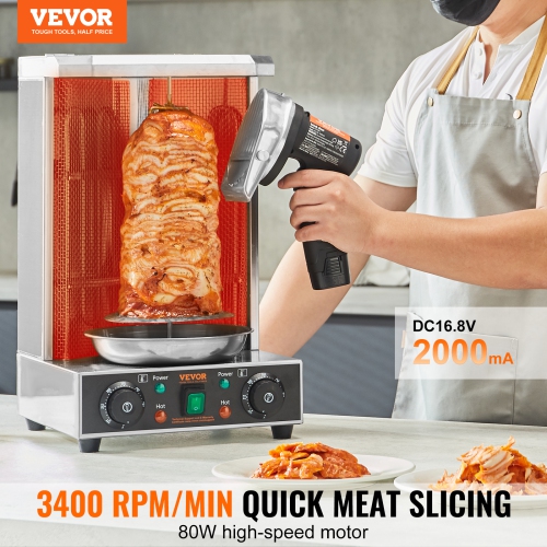 Couteau électrique Shawarma VEVOR 80&nbsp;W, couteau turc à batterie sans fil, couteau gyroscopique en acier inoxydable, trancheuse à viande avec 2
