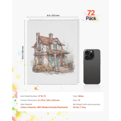 Tableaux de toile VEVOR de 8 x 10&nbsp;po 72 pour la peinture, toiles blanches pour la peinture, panneaux de toile pour le dessin, acrylique et
