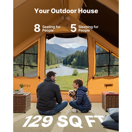 VEVOR 5-8 Person Inflatable Tents,Easy Setup Blow up Tent with Hand Pump, Luxury Glamping Tent with 2 Skylights, Canopy, Stove Jack 2 Doors & Mesh