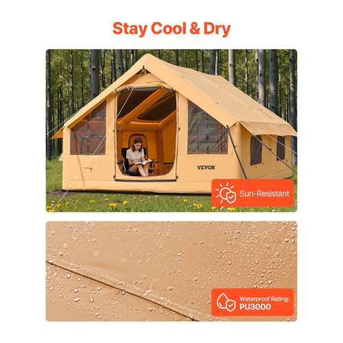 VEVOR 5-8 Person Inflatable Tents,Easy Setup Blow up Tent with Hand Pump, Luxury Glamping Tent with 2 Skylights, Canopy, Stove Jack 2 Doors & Mesh