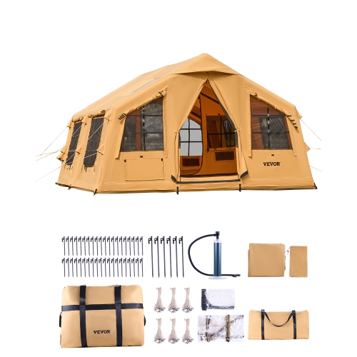 VEVOR 8-12 Person Inflatable Tents ,Blow up Tent with Hand Pump, 4 Season Luxury Glamping Tent with 2 Skylights, Canopy, Stove Jack, 2 Doors & Mesh