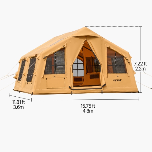 VEVOR 8-12 Person Inflatable Tents ,Blow up Tent with Hand Pump, 4 Season Luxury Glamping Tent with 2 Skylights, Canopy, Stove Jack, 2 Doors & Mesh
