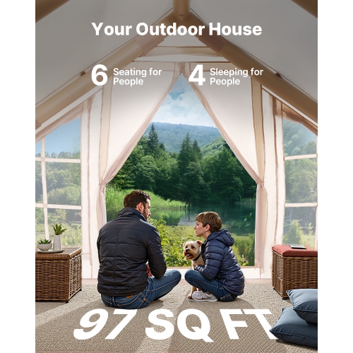 VEVOR 4-6 Person Inflatable Tents ,Easy Setup Blow up Tent with Hand Pump, 300D Oxford 4 Season Glamping Tent with Stove Jack 2 Doors & 4 Mesh