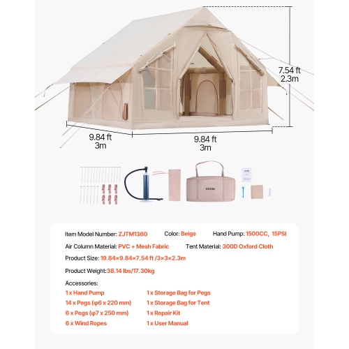 VEVOR 4-6 Person Inflatable Tents ,Easy Setup Blow up Tent with Hand Pump, 300D Oxford 4 Season Glamping Tent with Stove Jack 2 Doors & 4 Mesh