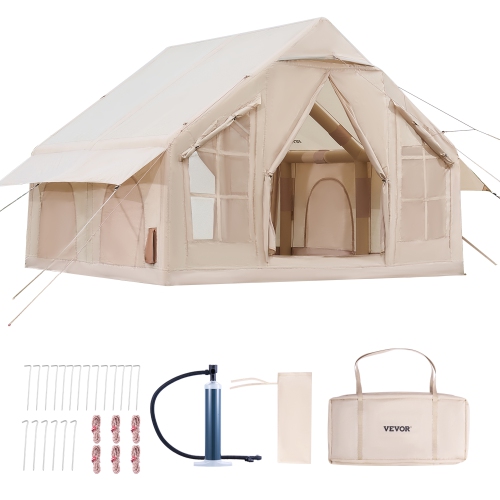 VEVOR 4-6 Person Inflatable Tents ,Easy Setup Blow up Tent with Hand Pump, 300D Oxford 4 Season Glamping Tent with Stove Jack 2 Doors & 4 Mesh