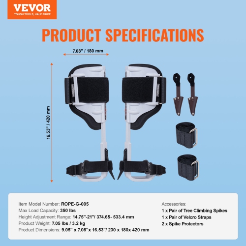 VEVOR 1 Pair Tree Climbing Spikes, Aluminum Climbing Spurs, 350lbs Load Capacity Tree Climbing Gear with Straps and Spike Protectors, Arborist