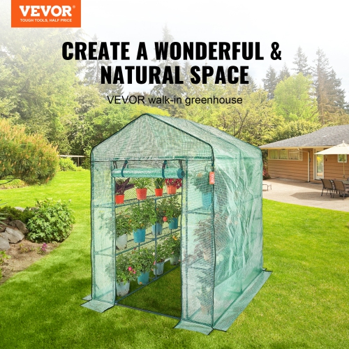 VEVOR 4.6 x 4.6 x 6.6 ft Walk-in Green House, Greenhouse with Shelves, High Strength PE Cover with Zipper Door and Steel Frame, Easy Assembly,