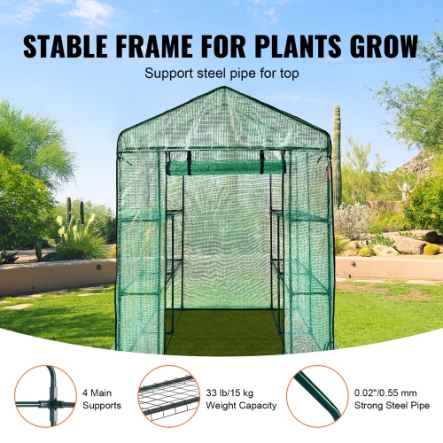 VEVOR 4.6 x 4.6 x 6.6 ft Walk-in Green House, Greenhouse with Shelves, High Strength PE Cover with Zipper Door and Steel Frame, Easy Assembly,