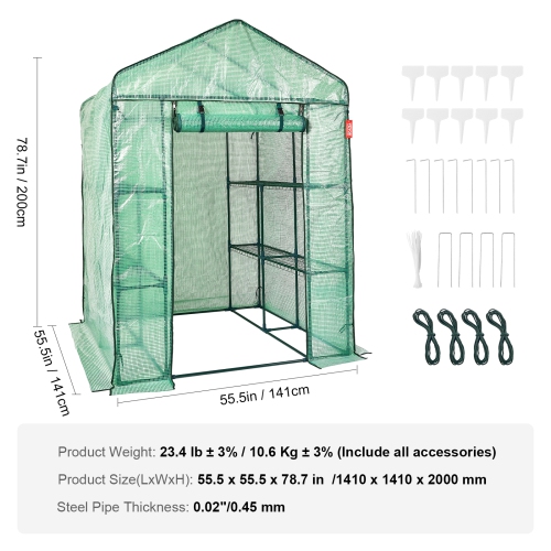 VEVOR 4.6 x 4.6 x 6.6 ft Walk-in Green House, Greenhouse with Shelves, High Strength PE Cover with Zipper Door and Steel Frame, Easy Assembly,