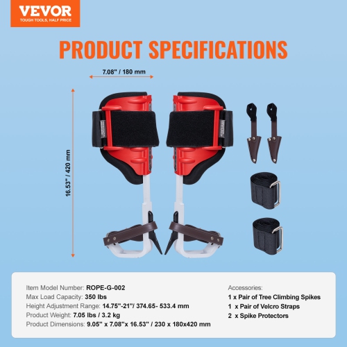 VEVOR 1 Pair Tree Climbing Spikes, Aluminum Climbing Spurs, 350lbs Load Capacity Tree Climbing Gear with Straps and Spike Protectors, Arborist
