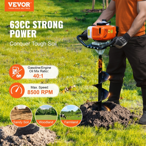 VEVOR 63CC Post Hole Digger Gas Powered, 2400W Earth Auger, Gas Auger with 8” Auger Drill Action Design Bits & 1 Extension Rod, Post Fence Hole