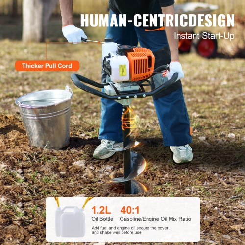 VEVOR 63CC Post Hole Digger Gas Powered, 2400W Earth Auger, Gas Auger with 8” Auger Drill Action Design Bits & 1 Extension Rod, Post Fence Hole