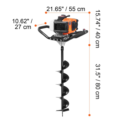 VEVOR 63CC Post Hole Digger Gas Powered, 2400W Earth Auger, Gas Auger with 8” Auger Drill Action Design Bits & 1 Extension Rod, Post Fence Hole