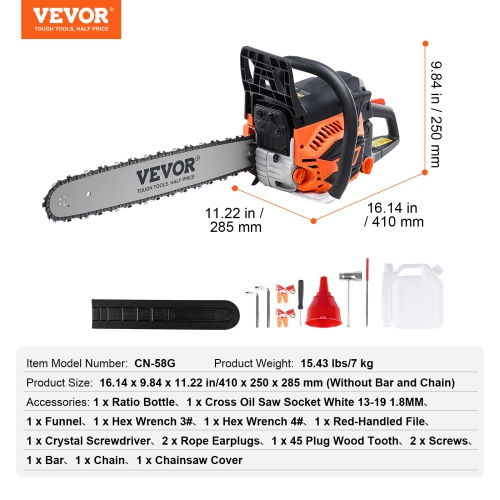 VEVOR 58CC Gas Chainsaw, 20" 3.22HP, Gasoline Powered Chain Saw, Handheld Cordless Petrol Chainsaws for Tree Wood Branch Cutting, Tree Trimming, Land