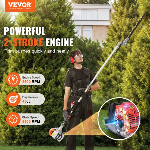 VEVOR 43CC 6-in-1 Multi-Functional Trimming Tools, Gas Hedge Trimmer, Weed Eater, String Trimmer, Brush Cutter, Edger, Pole Saw Chainsaw Pruner with