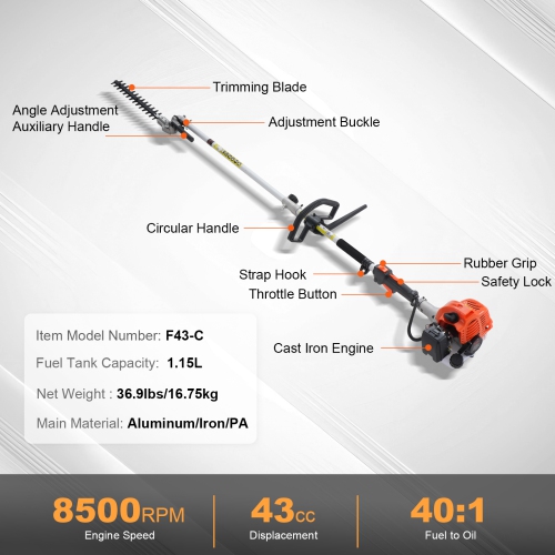 VEVOR 43CC 6-in-1 Multi-Functional Trimming Tools, Gas Hedge Trimmer, Weed Eater, String Trimmer, Brush Cutter, Edger, Pole Saw Chainsaw Pruner with