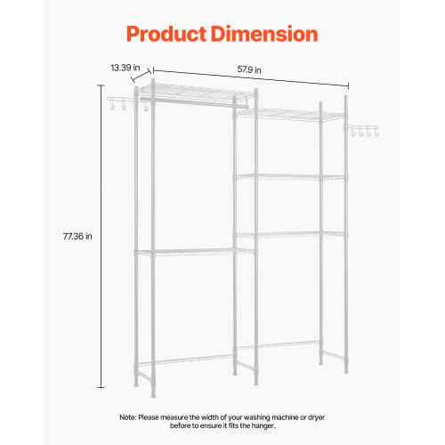 VEVOR 5 Tiers Over Washer and Dryer Storage Shelves, Laundry Room Drying Rack with Hanger Rod and Hooks, Two Rows Adjustable Washer Shelves Space