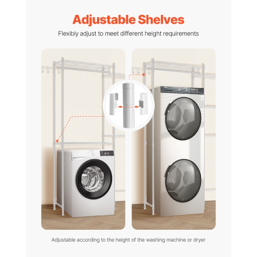 VEVOR 5 Tiers Over Washer and Dryer Storage Shelves, Laundry Room Drying Rack with Hanger Rod and Hooks, Two Rows Adjustable Washer Shelves Space