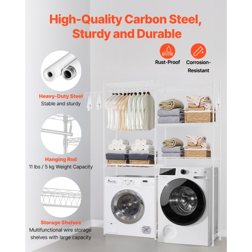 VEVOR 5 Tiers Over Washer and Dryer Storage Shelves, Laundry Room Drying Rack with Hanger Rod and Hooks, Two Rows Adjustable Washer Shelves Space