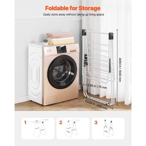 VEVOR 2-Tier Clothes Drying Rack, Foldable Laundry Dryer Rack with Sock Clips & 21 Drying Rods, Metal Height Adjustable Drying Racks, Free-Standing &