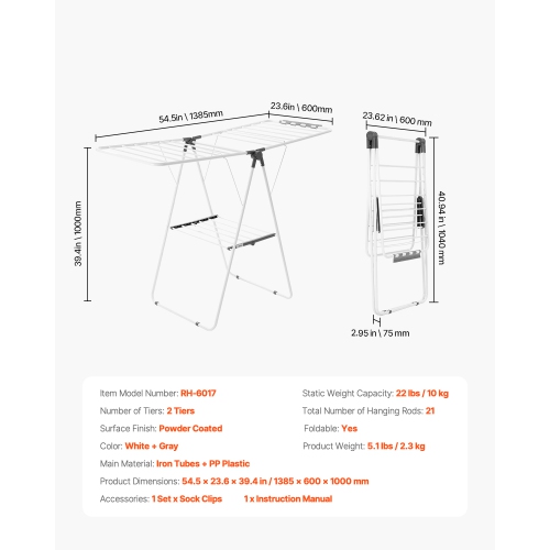 VEVOR 2-Tier Clothes Drying Rack, Foldable Laundry Dryer Rack with Sock Clips & 21 Drying Rods, Metal Height Adjustable Drying Racks, Free-Standing &