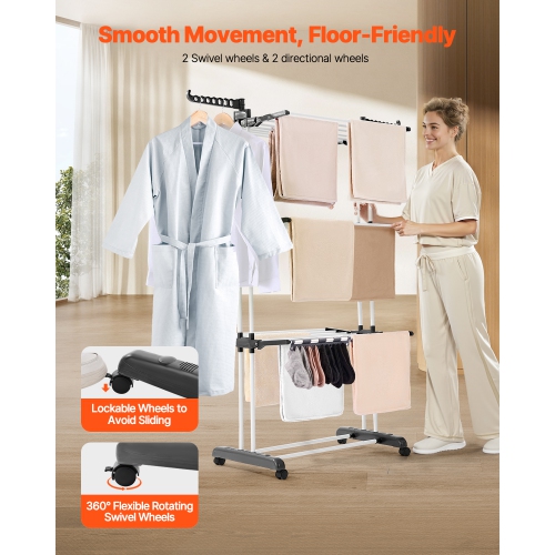 VEVOR 4-Tier Clothes Drying Rack, Foldable Laundry Dryer Rack, Metal Drying Racks with 24 Drying Rods, Free-Standing and Portable Hanger with 4