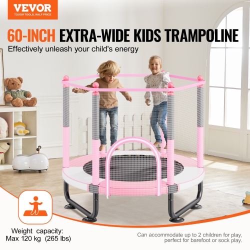 VEVOR 60" Kids Trampoline, 5FT Indoor/Outdoor Mini Trampoline for Toddlers, with Safety Net & Basketball Hoop, Birthday Gifts Christmas Toys for 3+
