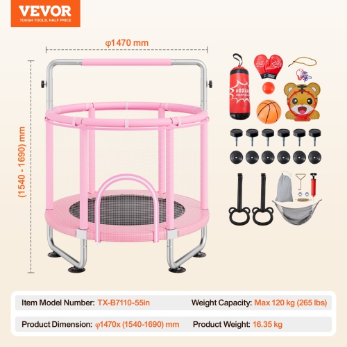 VEVOR 55" Kids Trampoline, 4.6FT Indoor/Outdoor Mini Trampoline for Toddlers, with Safety Net & Basketball Hoop, Birthday Gifts Christmas Toys for 3+