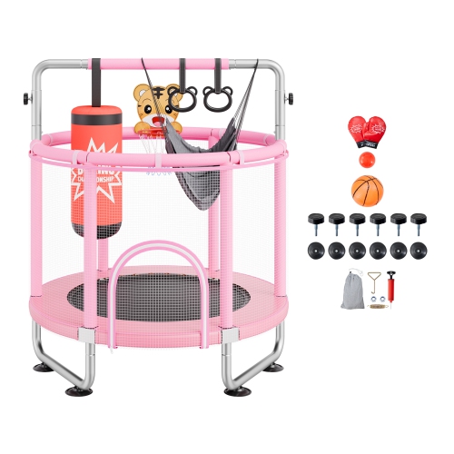 VEVOR 55" Kids Trampoline, 4.6FT Indoor/Outdoor Mini Trampoline for Toddlers, with Safety Net & Basketball Hoop, Birthday Gifts Christmas Toys for 3+