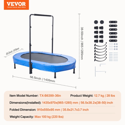 VEVOR 56x36 inch Kids Trampoline, Indoor/Outdoor Foldable Mini Trampoline with Handle, Rebounder for Toddlers, Birthday Gift for 3+ Years Children,