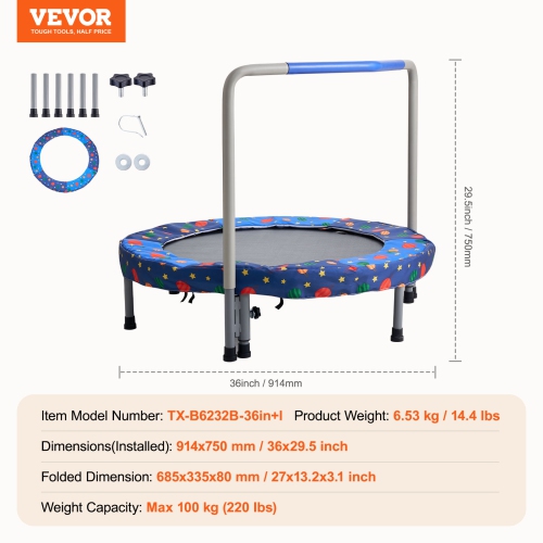 VEVOR 36" Kids Trampoline, 3FT Indoor/Outdoor Foldable Mini Trampoline with Handle, Rebounder for Toddlers, Birthday Gift for 3+ Years Children, Boys