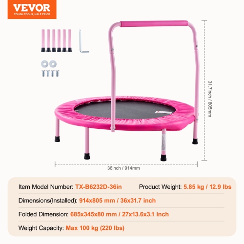 VEVOR 36" Kids Trampoline, 3FT Indoor/Outdoor Foldable Mini Trampoline with Handle, Rebounder for Toddlers, Birthday Gift for 3+ Years Children, Boys
