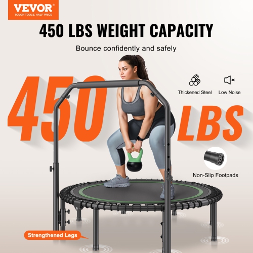 VEVOR 450lbs Max Load Foldable Mini Trampoline, 51 Inch Fitness Rebounder, Stable & Quiet Trampoline with 4 Level Height Adjustable Foam Handle, for