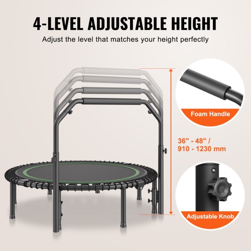 VEVOR 450lbs Max Load Foldable Mini Trampoline, 51 Inch Fitness Rebounder, Stable & Quiet Trampoline with 4 Level Height Adjustable Foam Handle, for