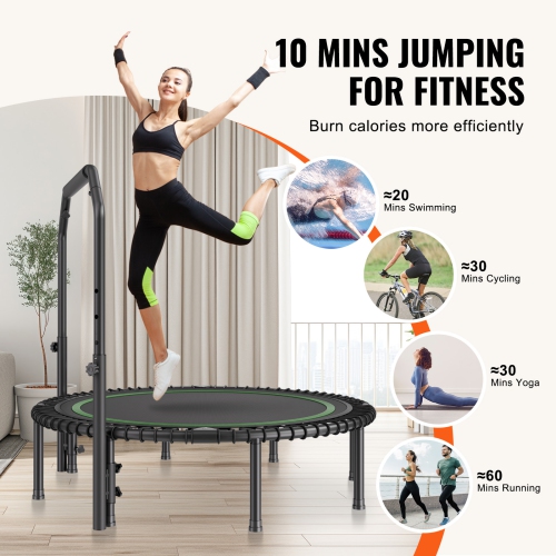 VEVOR 450lbs Max Load Foldable Mini Trampoline, 51 Inch Fitness Rebounder, Stable & Quiet Trampoline with 4 Level Height Adjustable Foam Handle, for