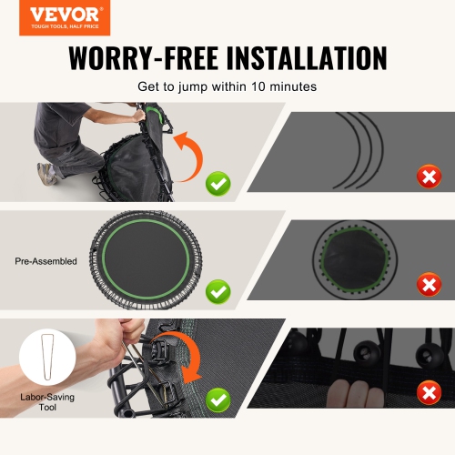 VEVOR 450lbs Max Load Foldable Mini Trampoline, 51 Inch Fitness Rebounder, Stable & Quiet Trampoline with 4 Level Height Adjustable Foam Handle, for