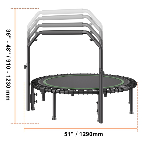 VEVOR 450lbs Max Load Foldable Mini Trampoline, 51 Inch Fitness Rebounder, Stable & Quiet Trampoline with 4 Level Height Adjustable Foam Handle, for
