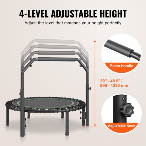 VEVOR 330lbs Max Load Foldable Mini Trampoline, 40 Inch Fitness Rebounder, Stable & Quiet Trampoline with 4 Level Height Adjustable Foam Handle, for